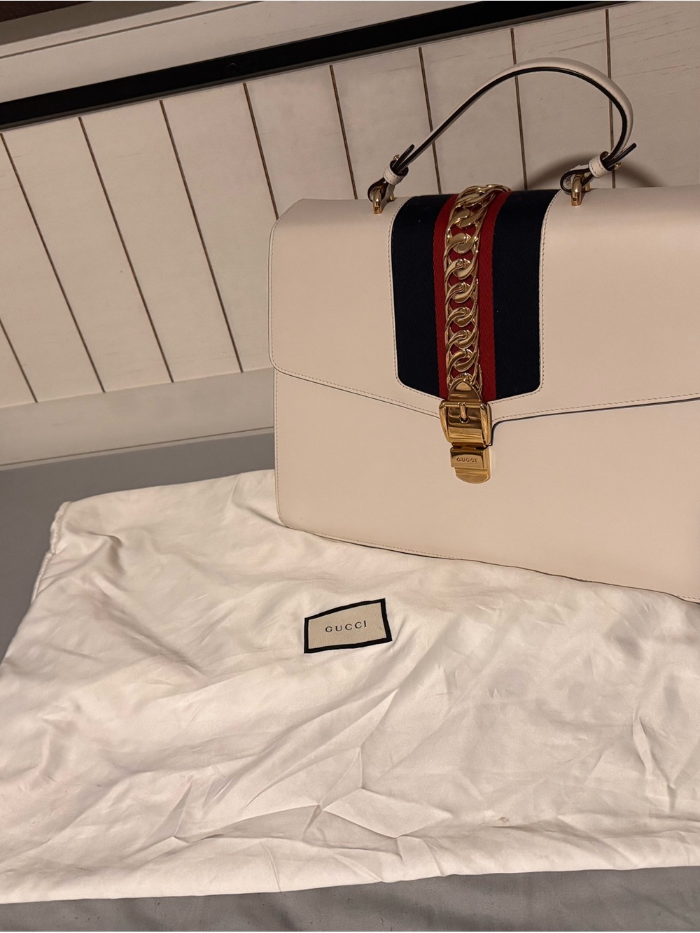 Gucci Cream Leather Top-Handle Satchel with Red & Navy Stripe